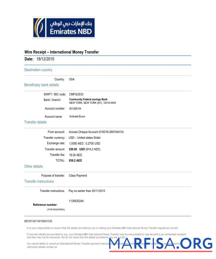 Printable UAE NBD International Money Transfer template